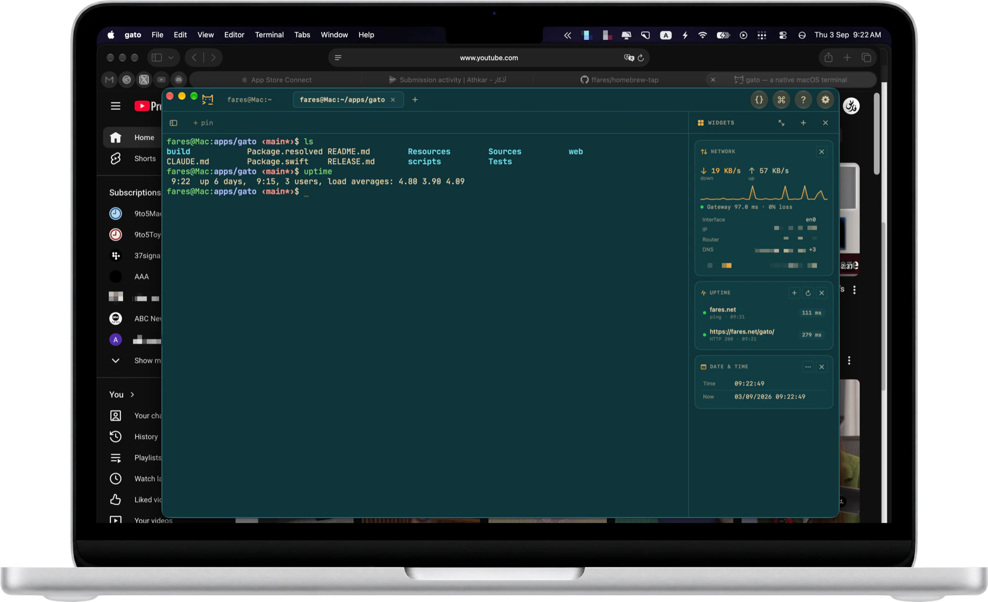 gato open on a MacBook: a terminal tab with the widget panel beside it