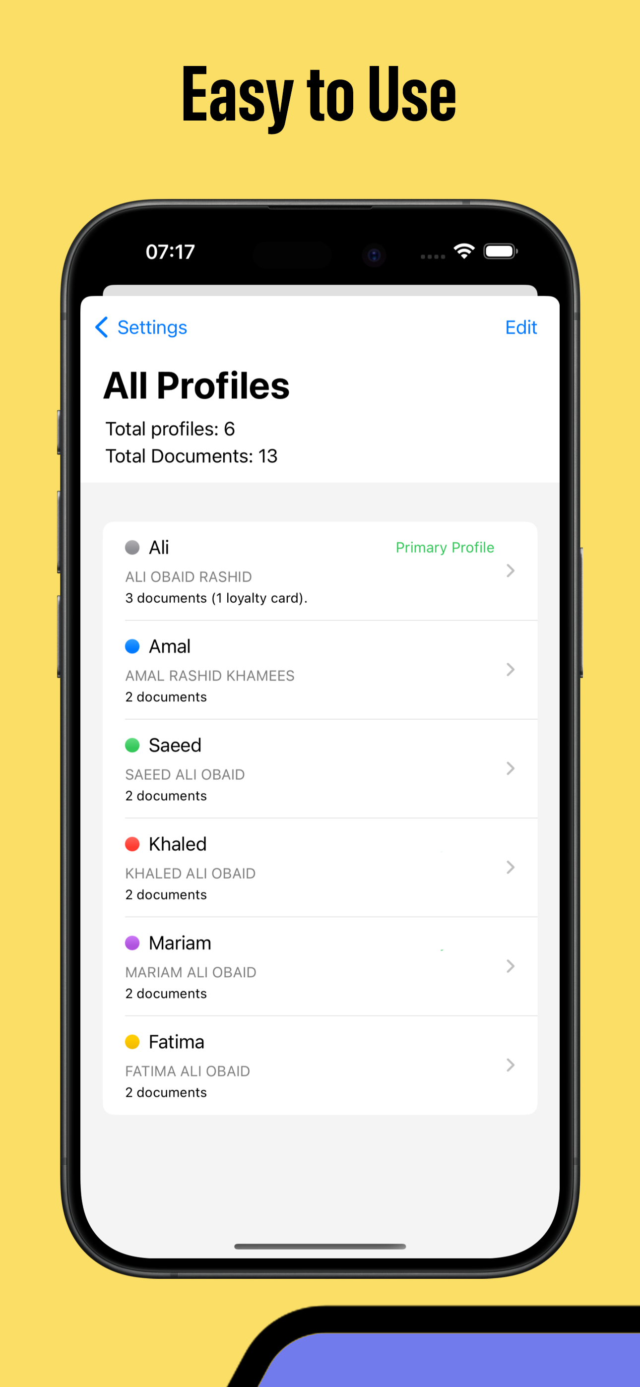 ID 784 family profile list with multiple members